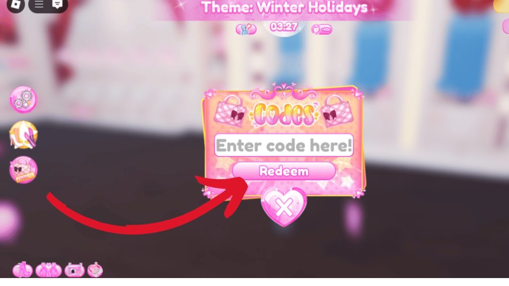 enter code here option in dti game to redeem code, also showing redeem now button